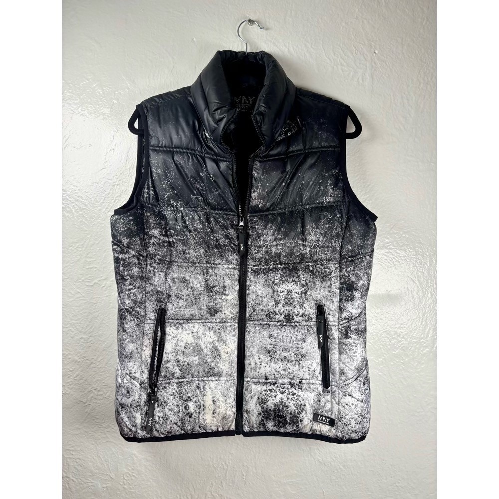 Marc New York Performance Womens Large Black White Marble Puffer Vest Hood Layer